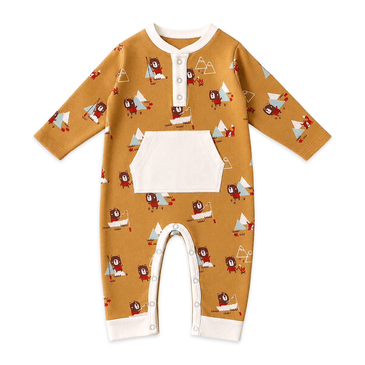 front of camping bear fox kangaroo jacquard baby jumpsuit