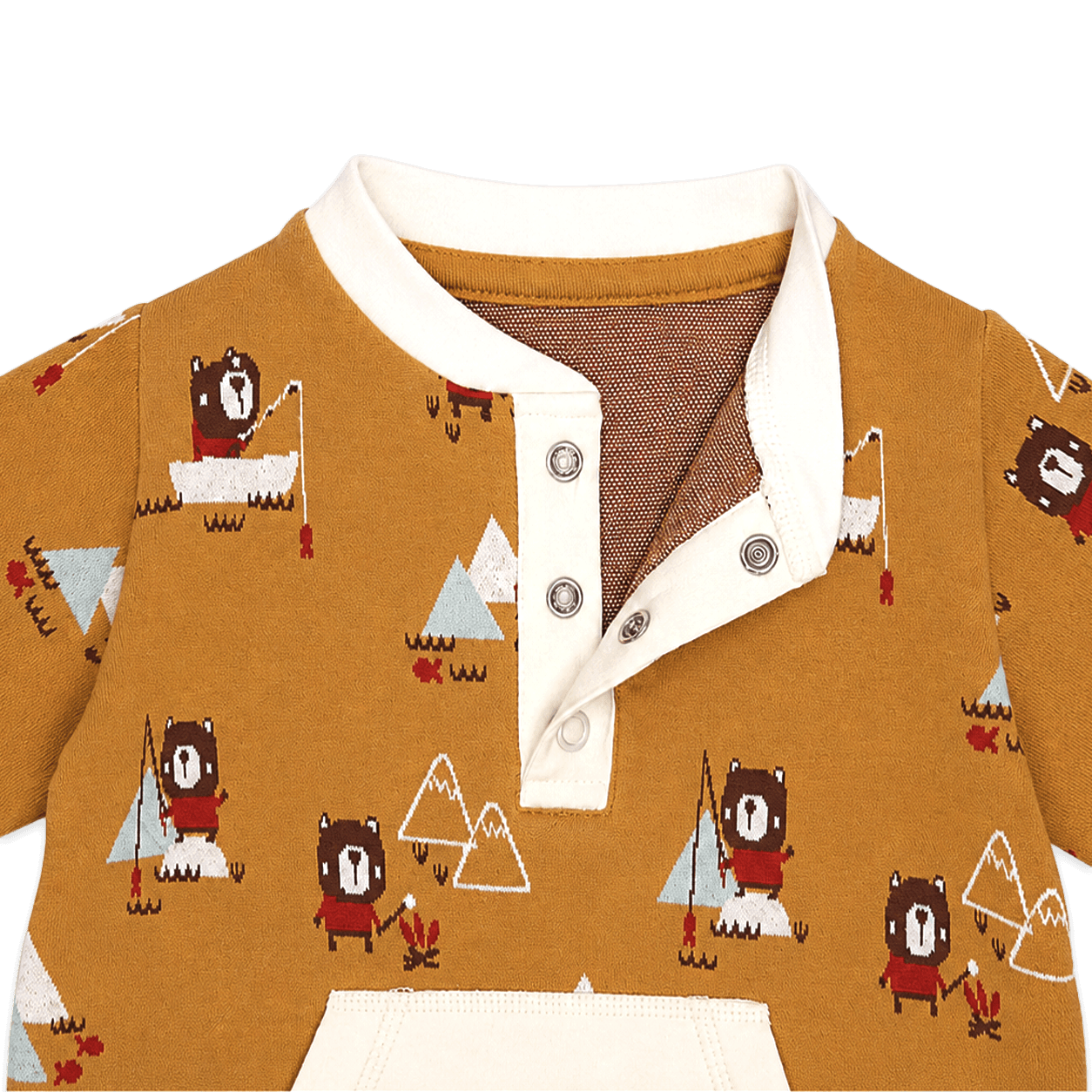 close up view of collar on camping bear fox kangaroo jacquard baby jumpsuit