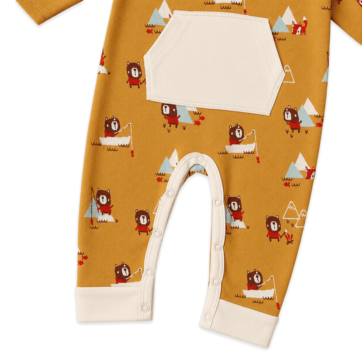 close up view of bottom of camping bear fox kangaroo jacquard baby jumpsuit