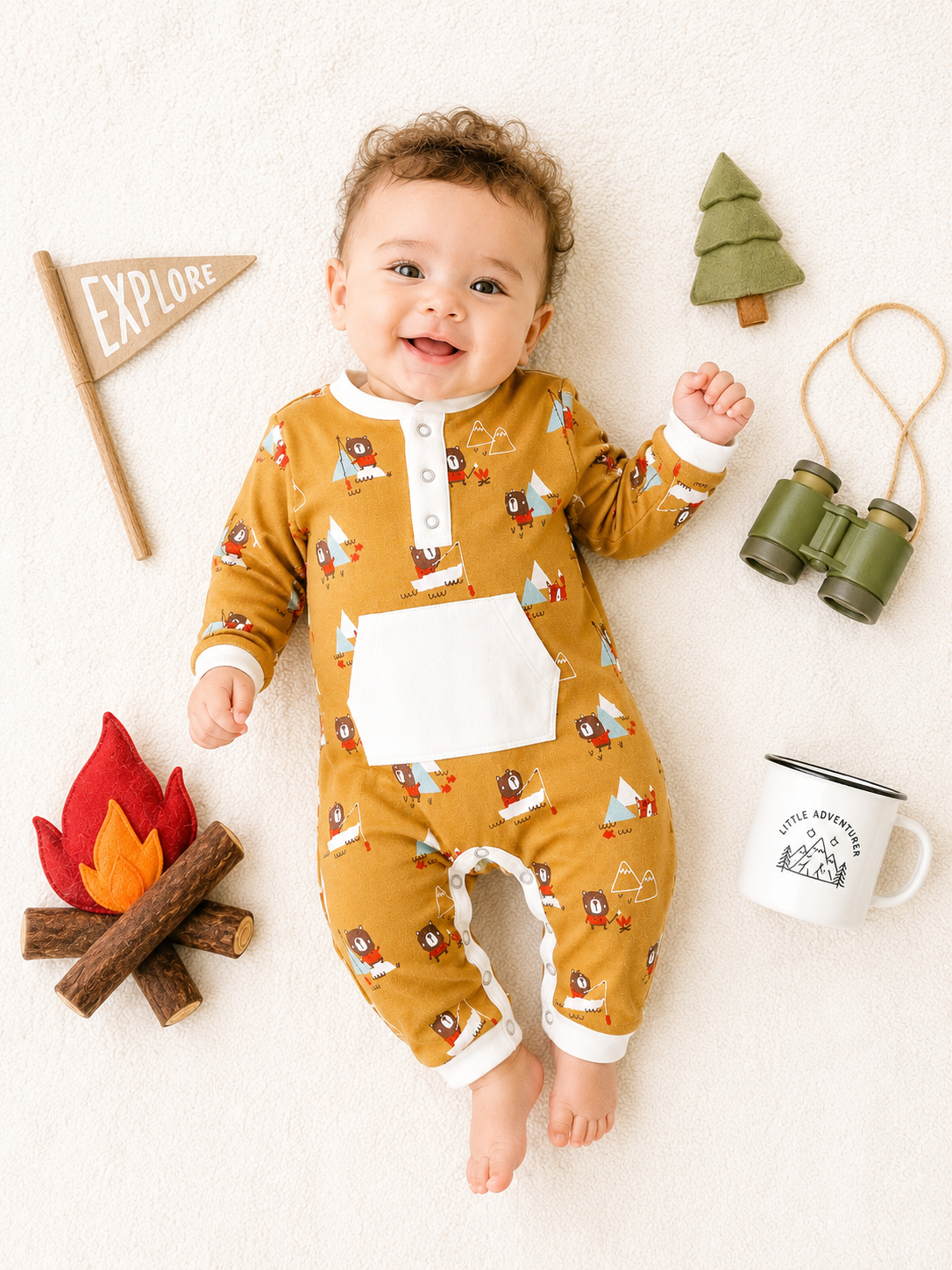 Baby Wearing Camping Bear and Fox Kangaroo Jacquard Baby Jumpsuit, Organic Cotton by Viverano