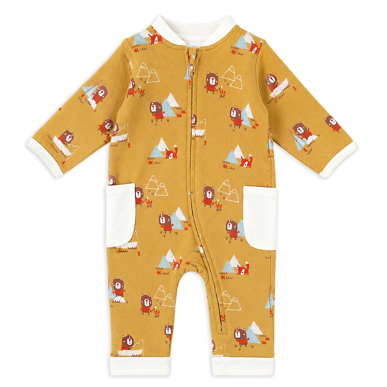 camping bear fox zipper side pocket jacquard baby jumpsuit