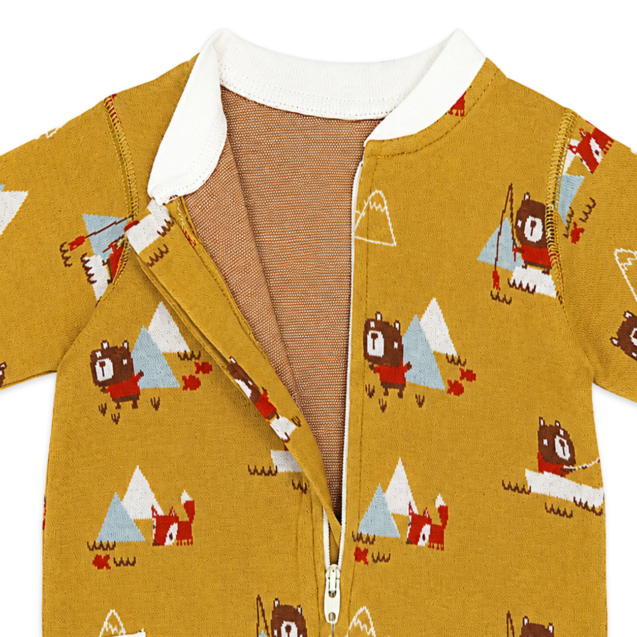 camping bear fox zipper side pocket jacquard baby jumpsuit