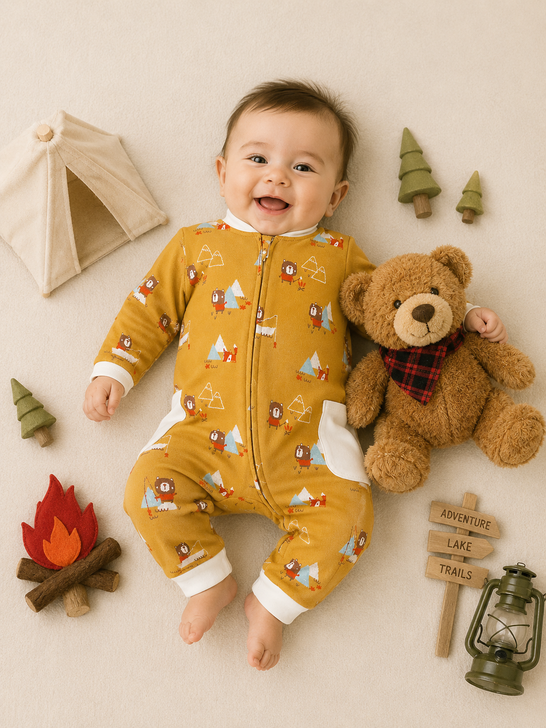 Baby Wearing Camping Bear and Fox Zipper Side Pocket Jacquard Baby Jumpsuit, Organic Cotton by Viverano