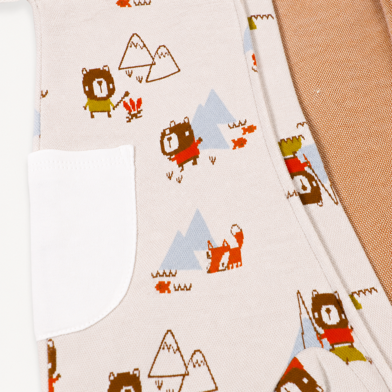 close up of Camping Bear & Fox Jacquard Zipper Hoodie Jumpsuit  made with organic cotton