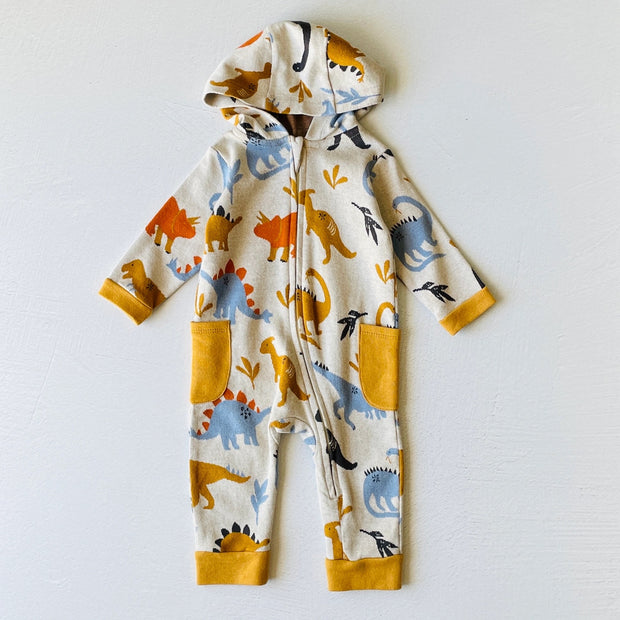 Dino Jacquard Hooded Zipper Baby Jumpsuit (Organic Cotton)