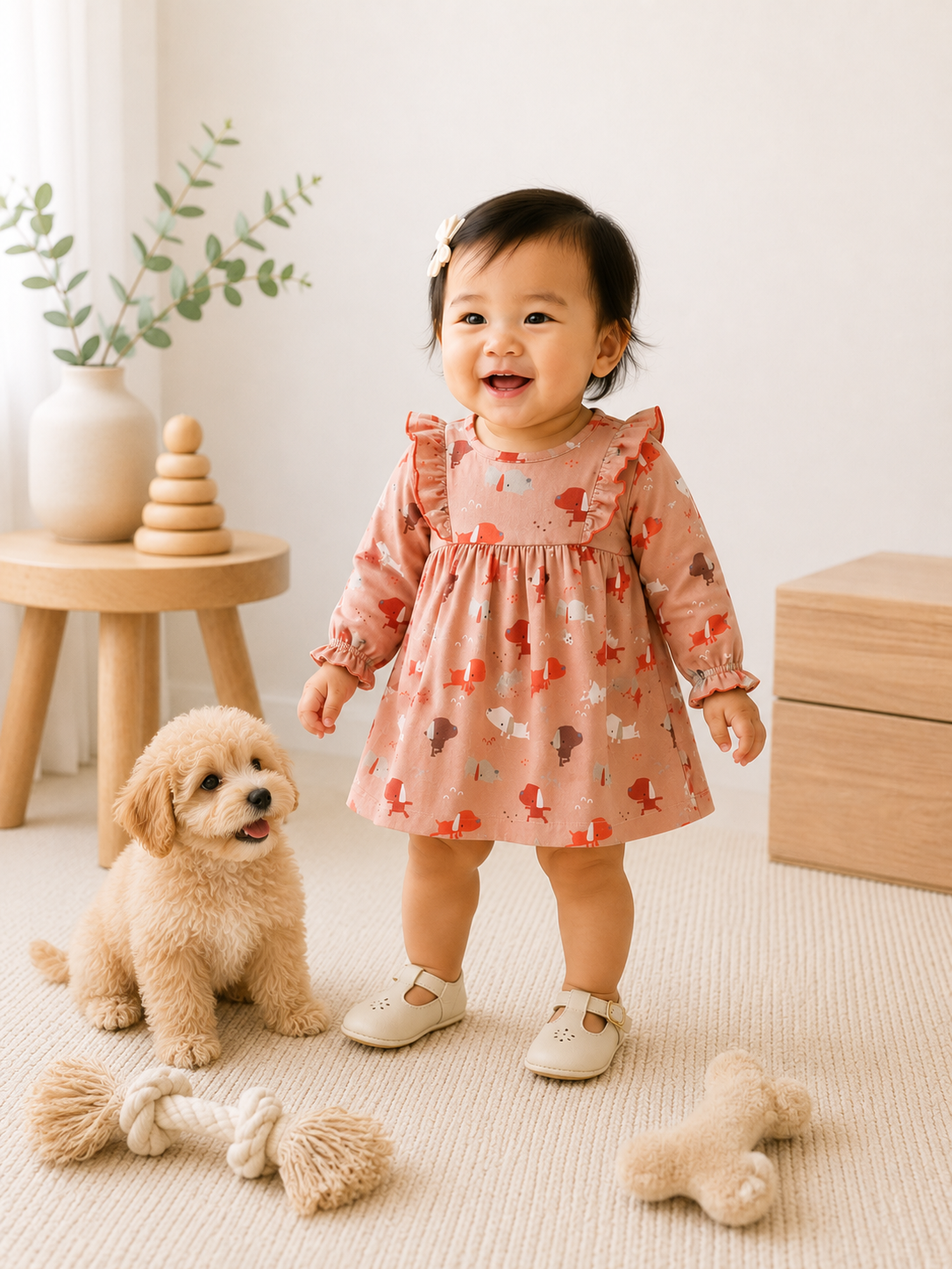 Baby Wearing Yoga Dog Baby Ruffle Dress and Bloomer Set, Organic Cotton by Viverano
