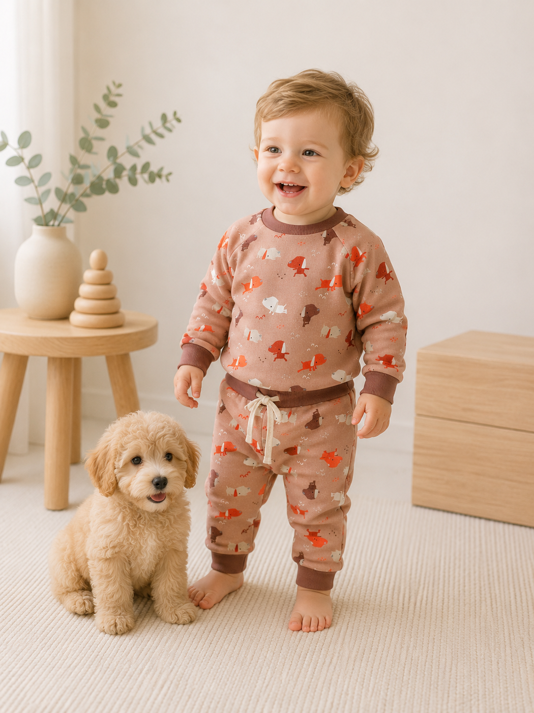 Baby Wearing Yoga Dog Fleece Baby Sweatshirt and Jogger Set, Organic Cotton by Viverano
