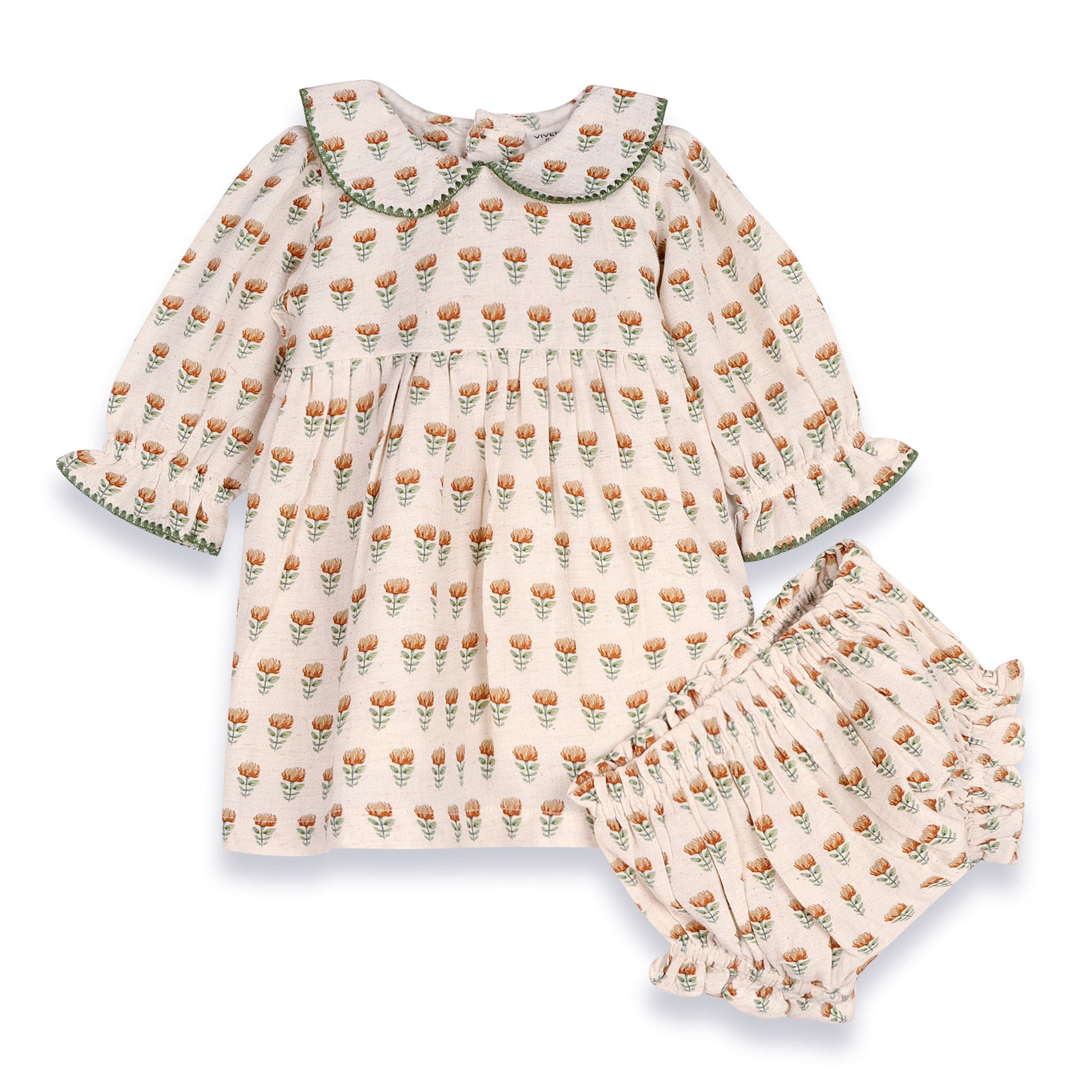 Ina Block Print Floral Baby Dress & Bloomer Set (Linen Blend)