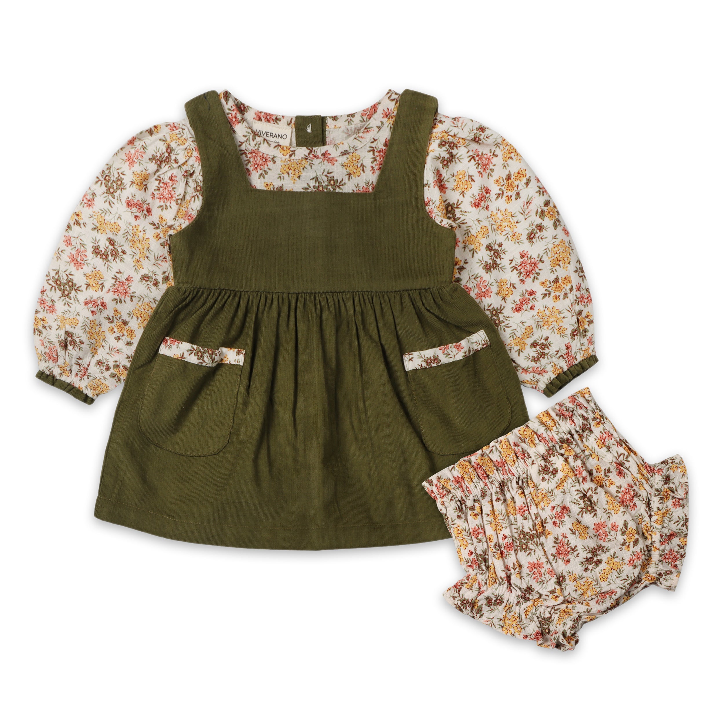 Lilith Floral Baby Pinafore Dress & Bloomer Set (Organic Cotton)