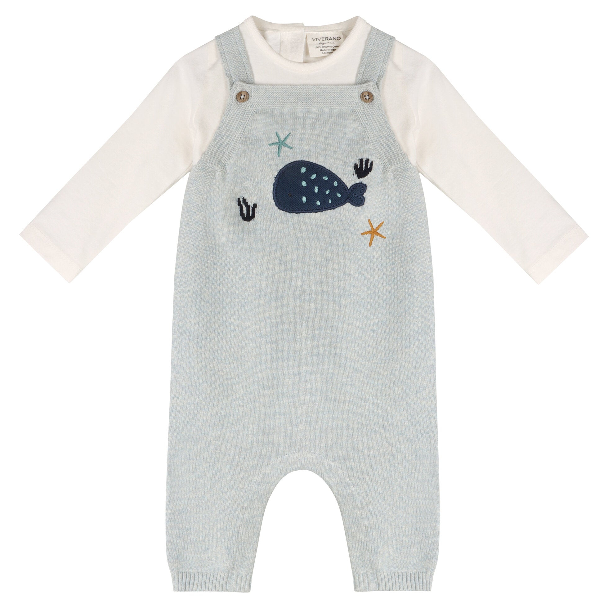 Whale Embroidered Knit Baby Overall Set (Organic Cotton)