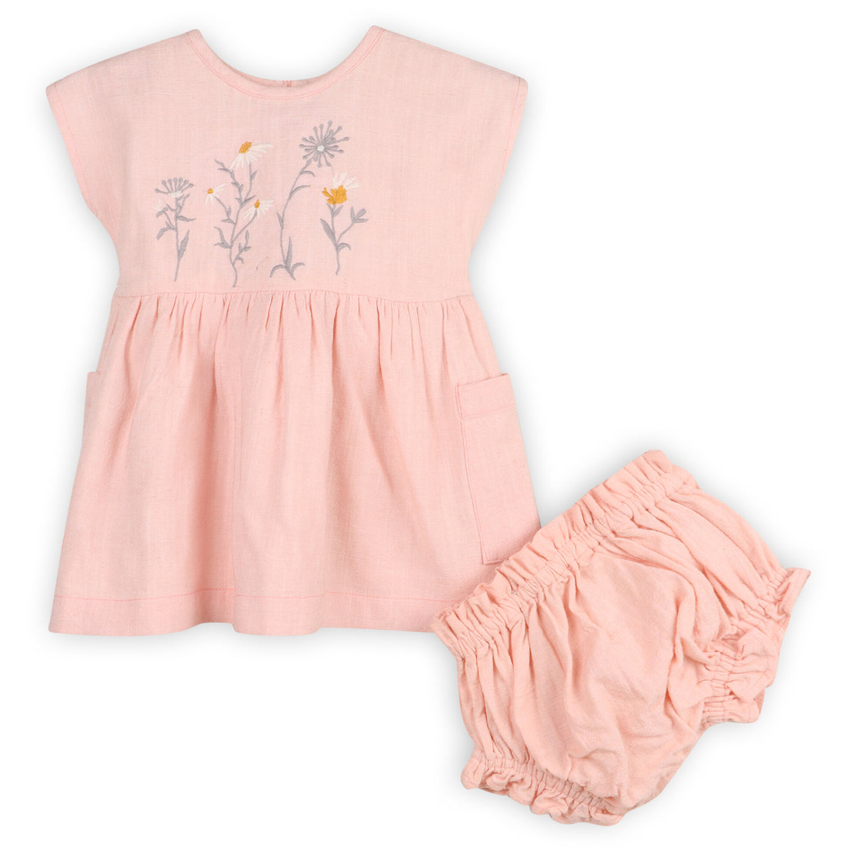 corset back for dress that doesn t fit Alicia Embroidered Daisy Baby Dress + Bloomer (Natural Linen Blend) Petal Blush / 18-24M