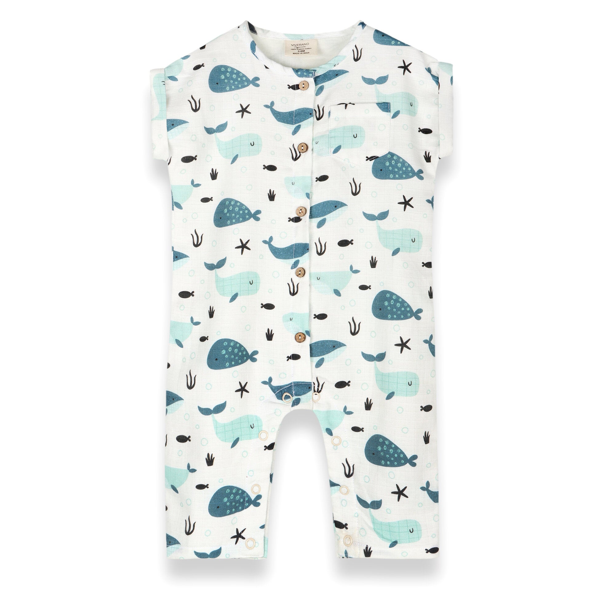 Whales Rolled Short Sleeve Baby Jumpsuit (Organic Muslin)