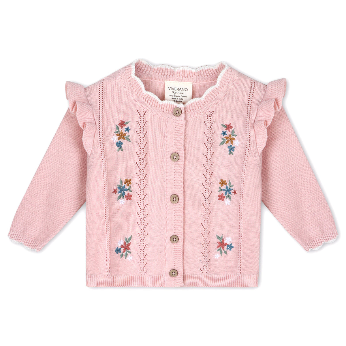 Floral Bouquet Embroidered Pointelle Knit Baby Cardigan (Organic Cotto