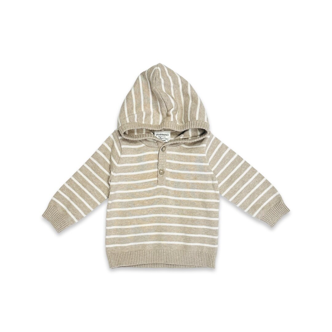Oat Heather - Stripe Hooded Sweater Knit Baby Pullover (Organic Cotton)
