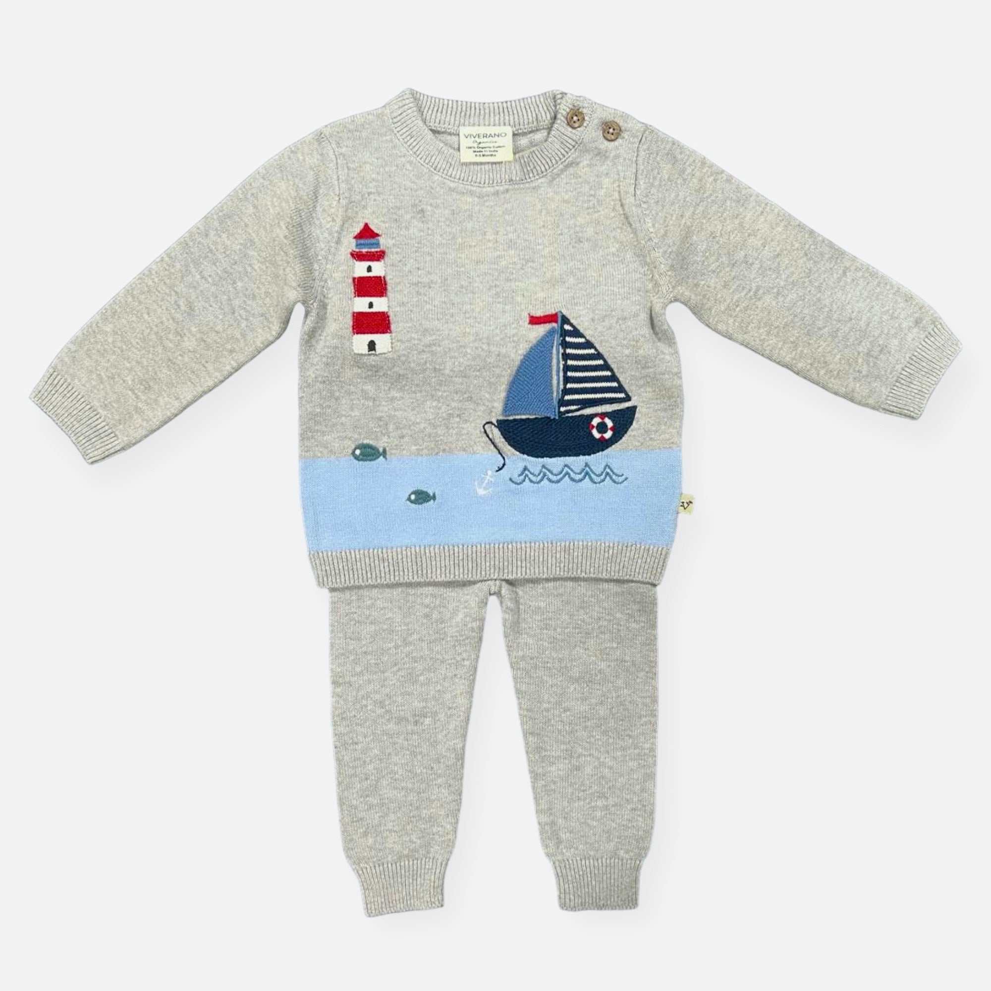 Conjunto de jersey y pantalón de punto para bebé con bordado de faro y barco (algodón orgánico)