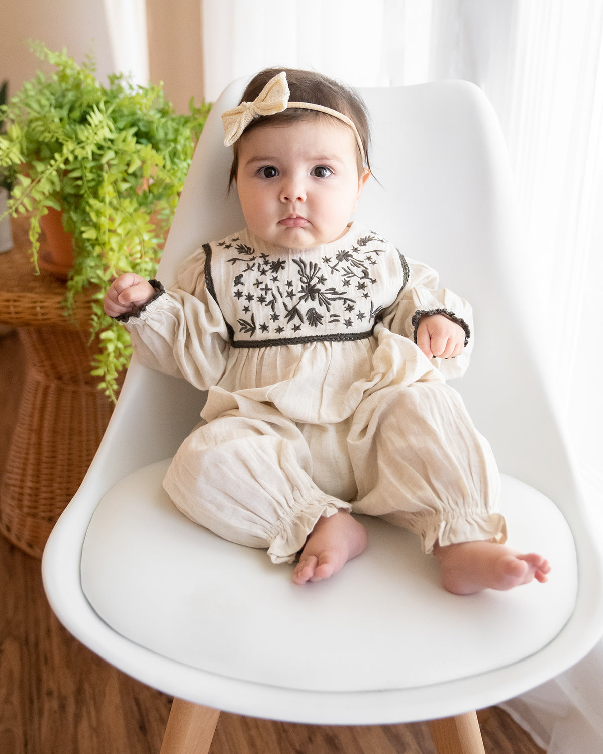 Embroidered Linen Baby Jumpsuit Romper Organic Natural Heather 3 6M