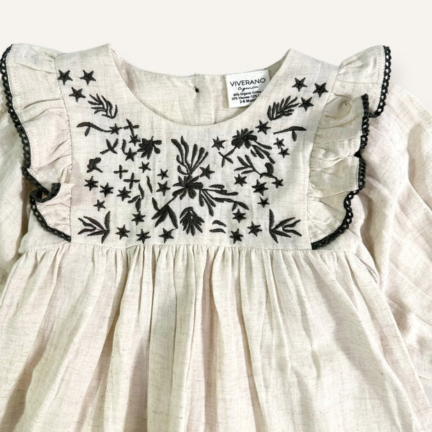 Embroidered & Ruffle Flare Baby Dress (Organic Cotton / Linen Blend)