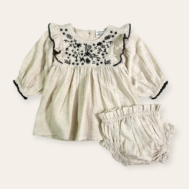 Embroidered & Ruffle Flare Baby Dress (Organic Cotton / Linen Blend)