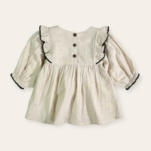 Embroidered & Ruffle Flare Baby Dress (Organic Cotton / Linen Blend)