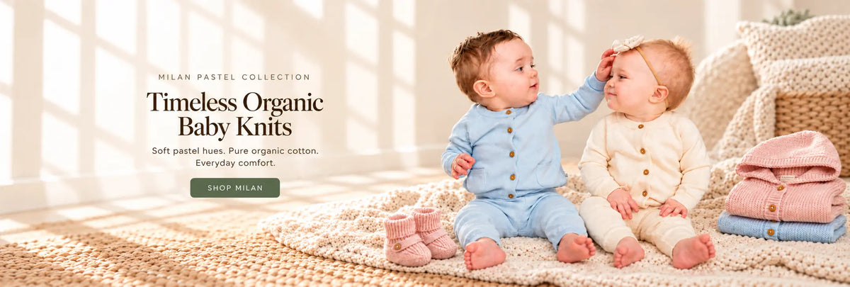 Babies wearing Viverano Milan pastel organic cotton knitwear