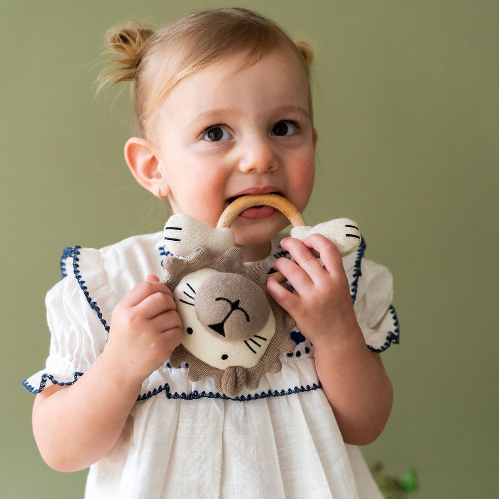 Lion - Organic Stuffed Animal Baby Ring Rattle Teething Toy (Wooden)