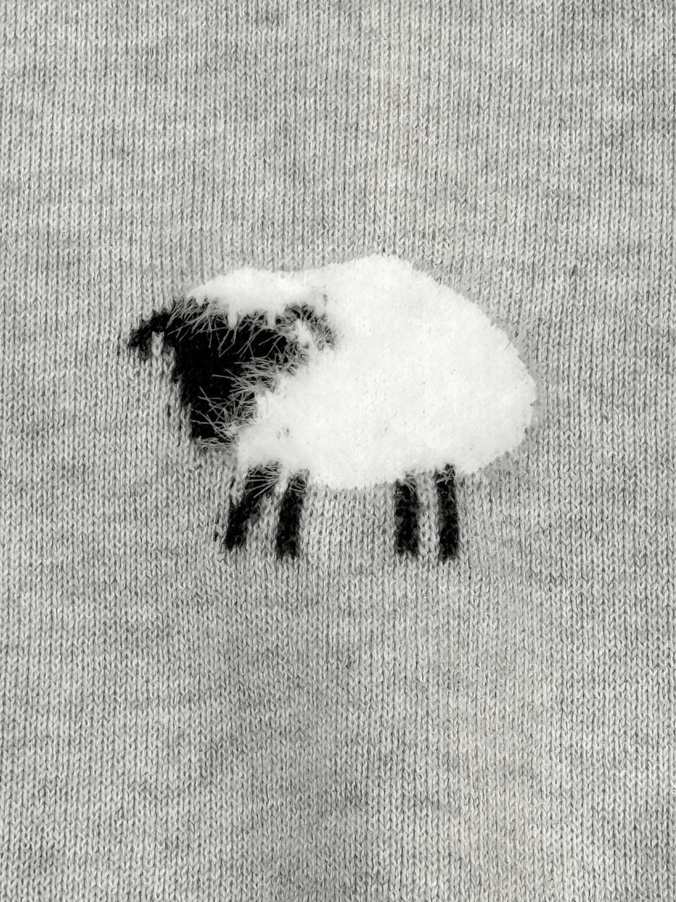 Close-up of Viverano Organics baby jumpsuit showing sheep embroidery on soft gray organic cotton wear fabric