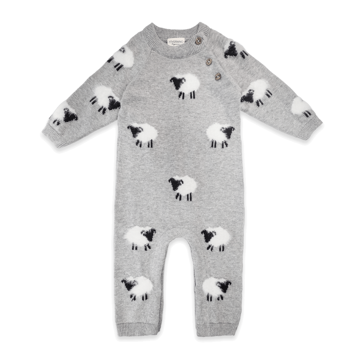 Viverano Organics baby jumpsuit in gray with sheep pattern made from soft organic cotton wear