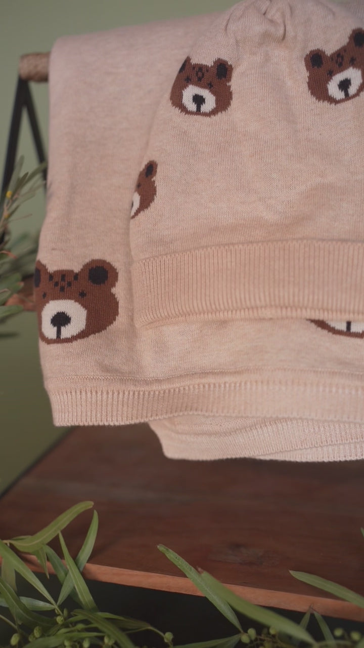 Bear Sweater Knit Round Baby Beanie Hat (Organic Cotton) on matching blanket by Viverano