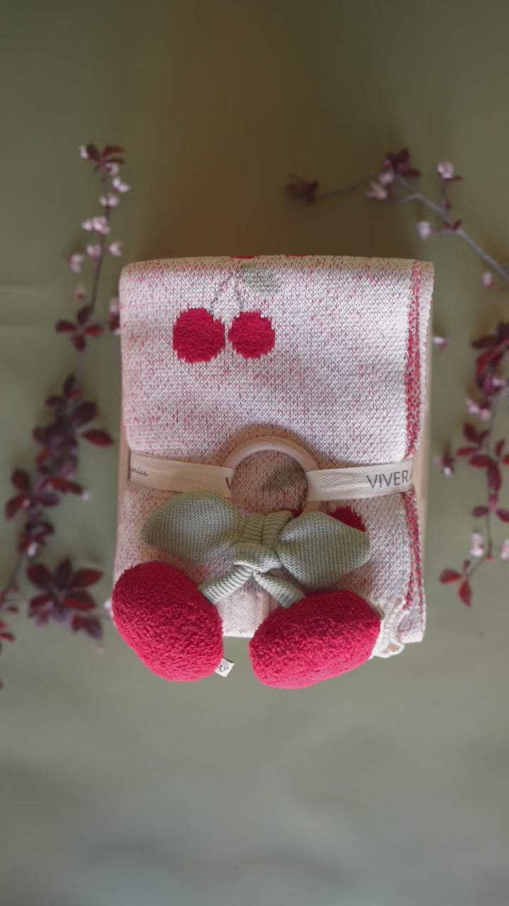 Cherry Organic Baby Blanket + Ring Rattle Toy Gift Set