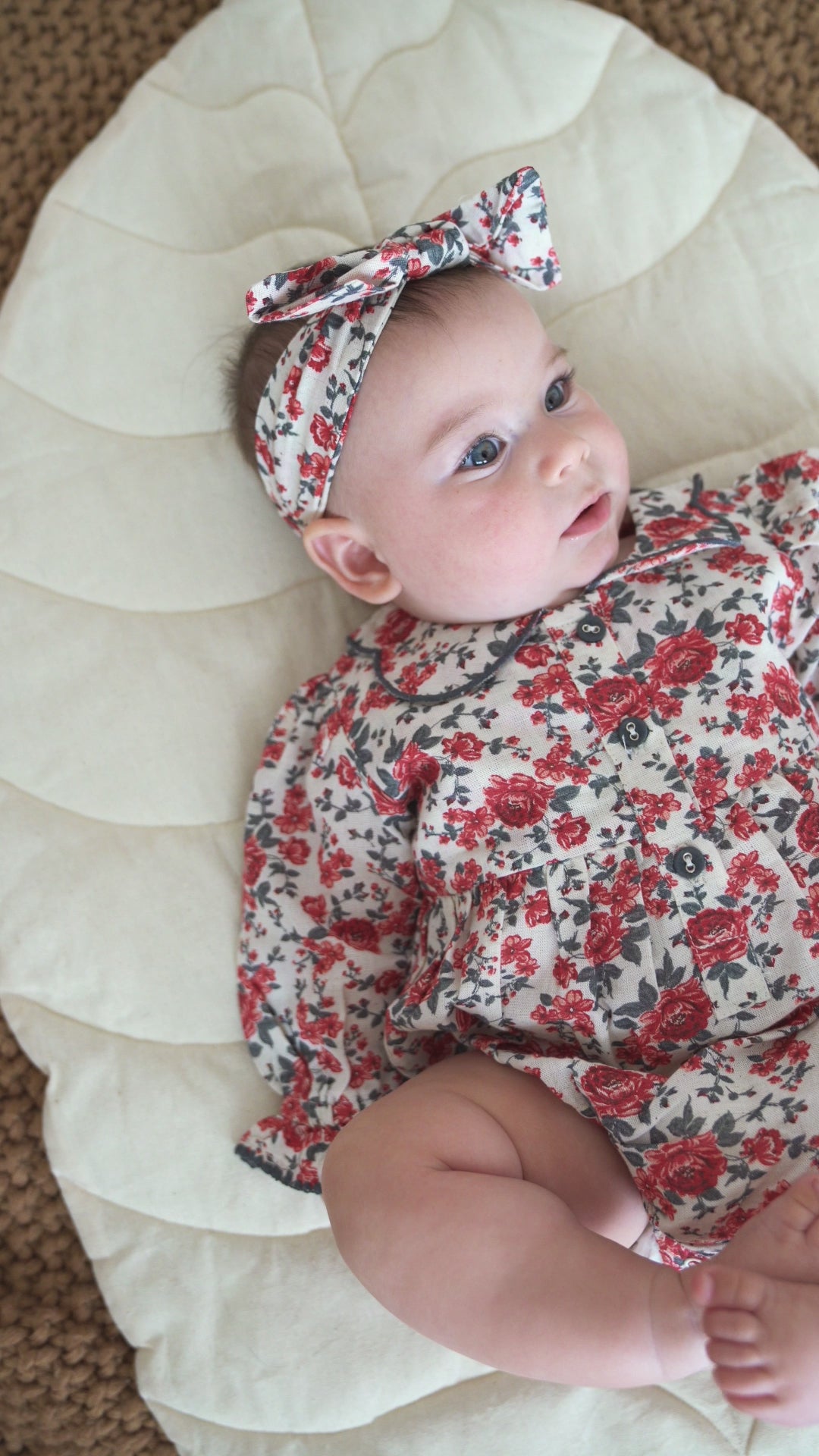 Rosabelle Rose Floral Baby Romper & Headband Set (Linen Blend)