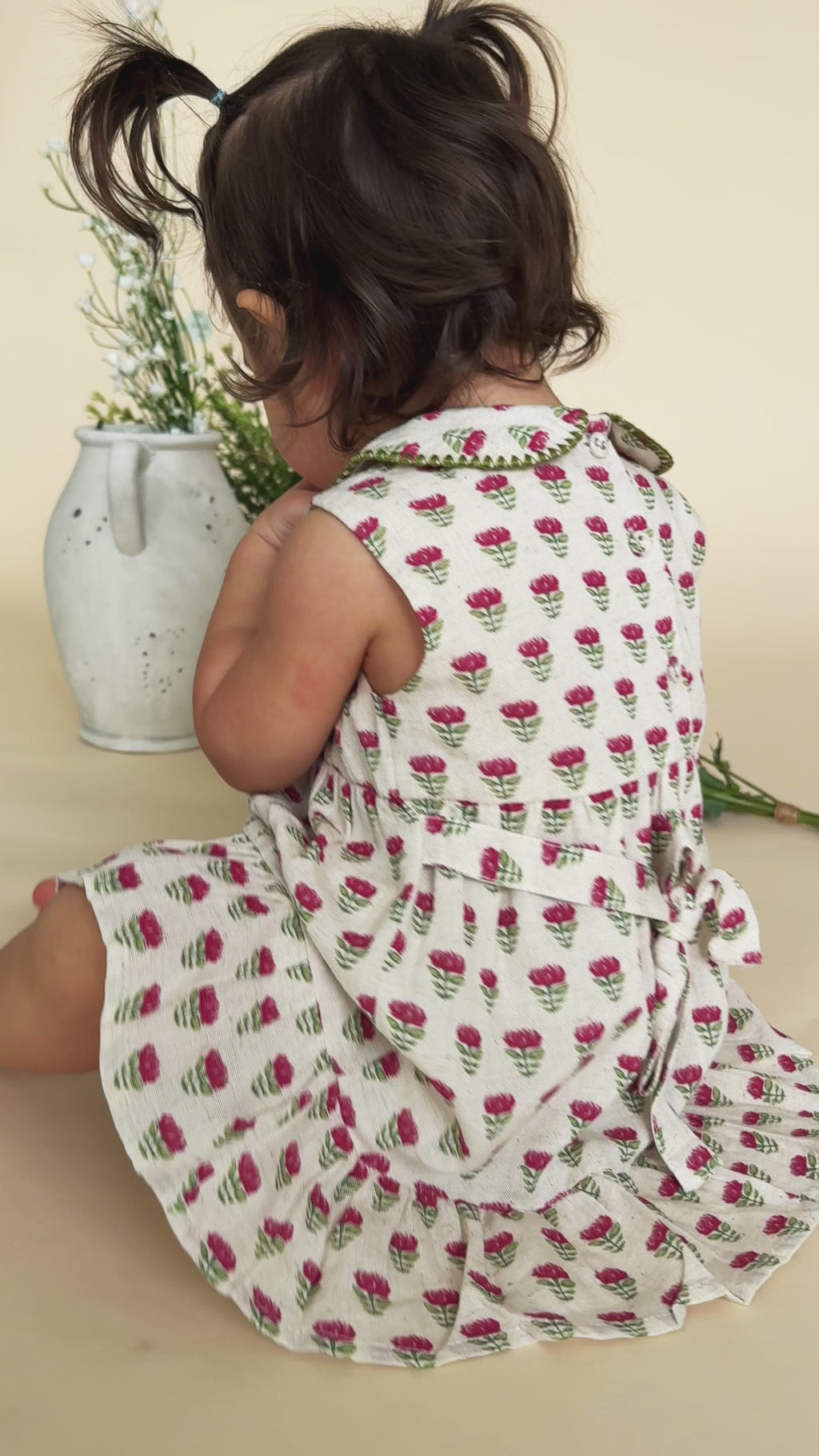 Mia Block Print Floral Baby Dress + Bloomer (Linen Blend)