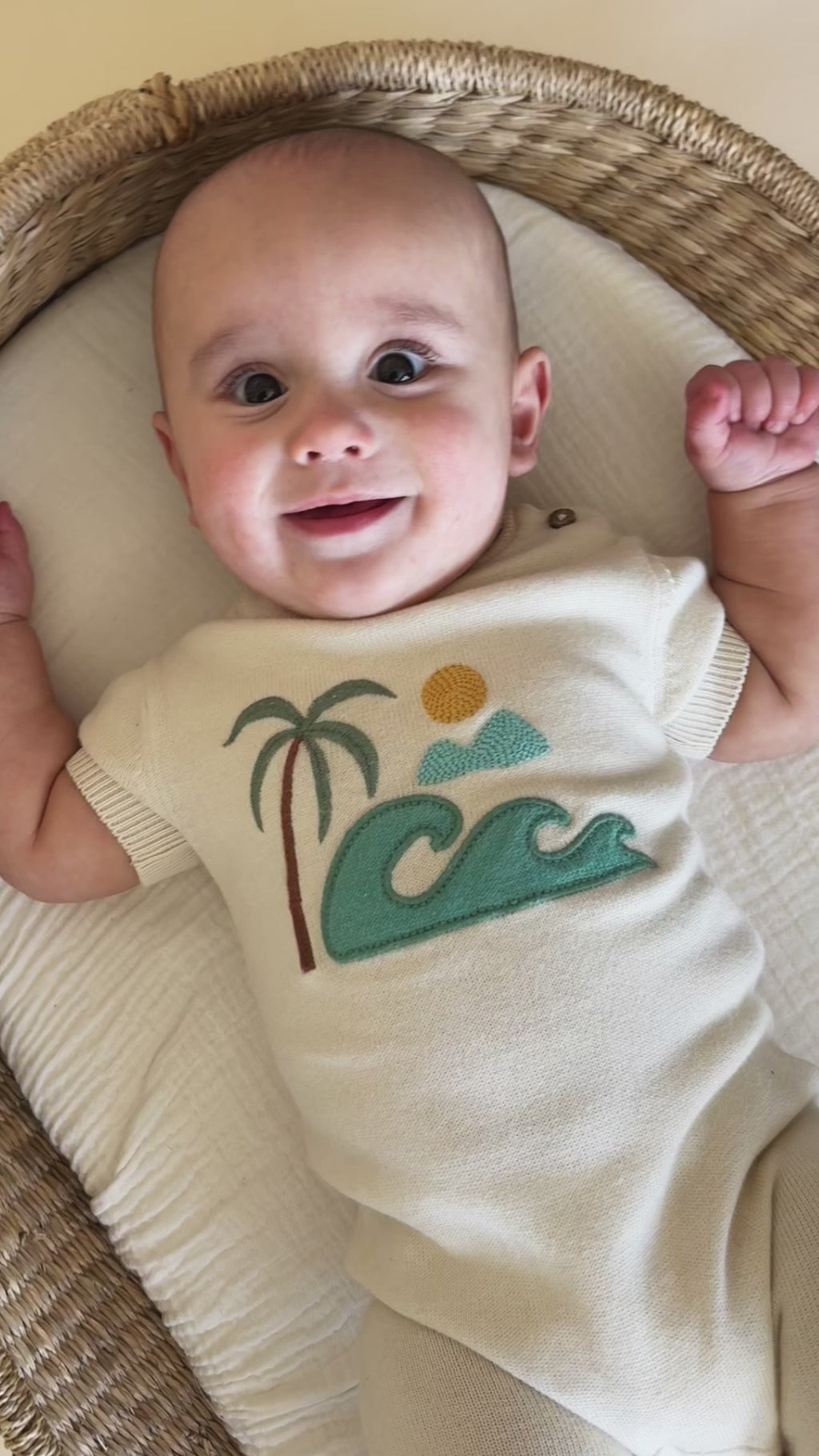 Beach Embroidered Baby Knit Romper (Organic Cotton) - Model