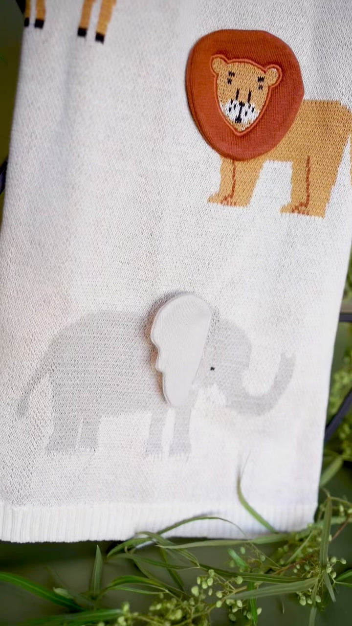 Savannah Safari Animals - 3D Jacquard Sweater Knit Baby Blanket (Organic Cotton)