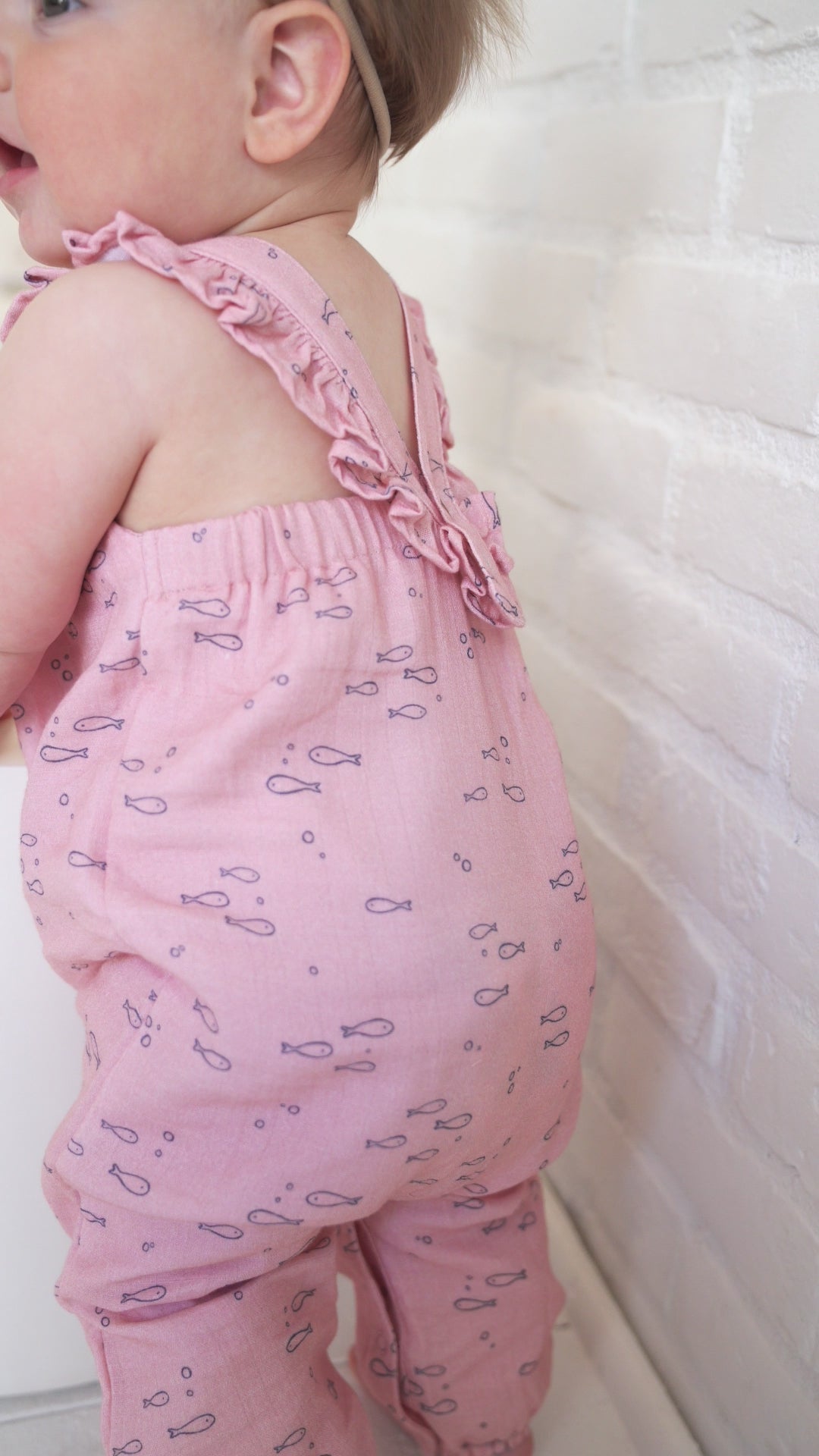 Fishes Sleeveless Baby Ruffle Baby Jumpsuit (Organic Muslin)