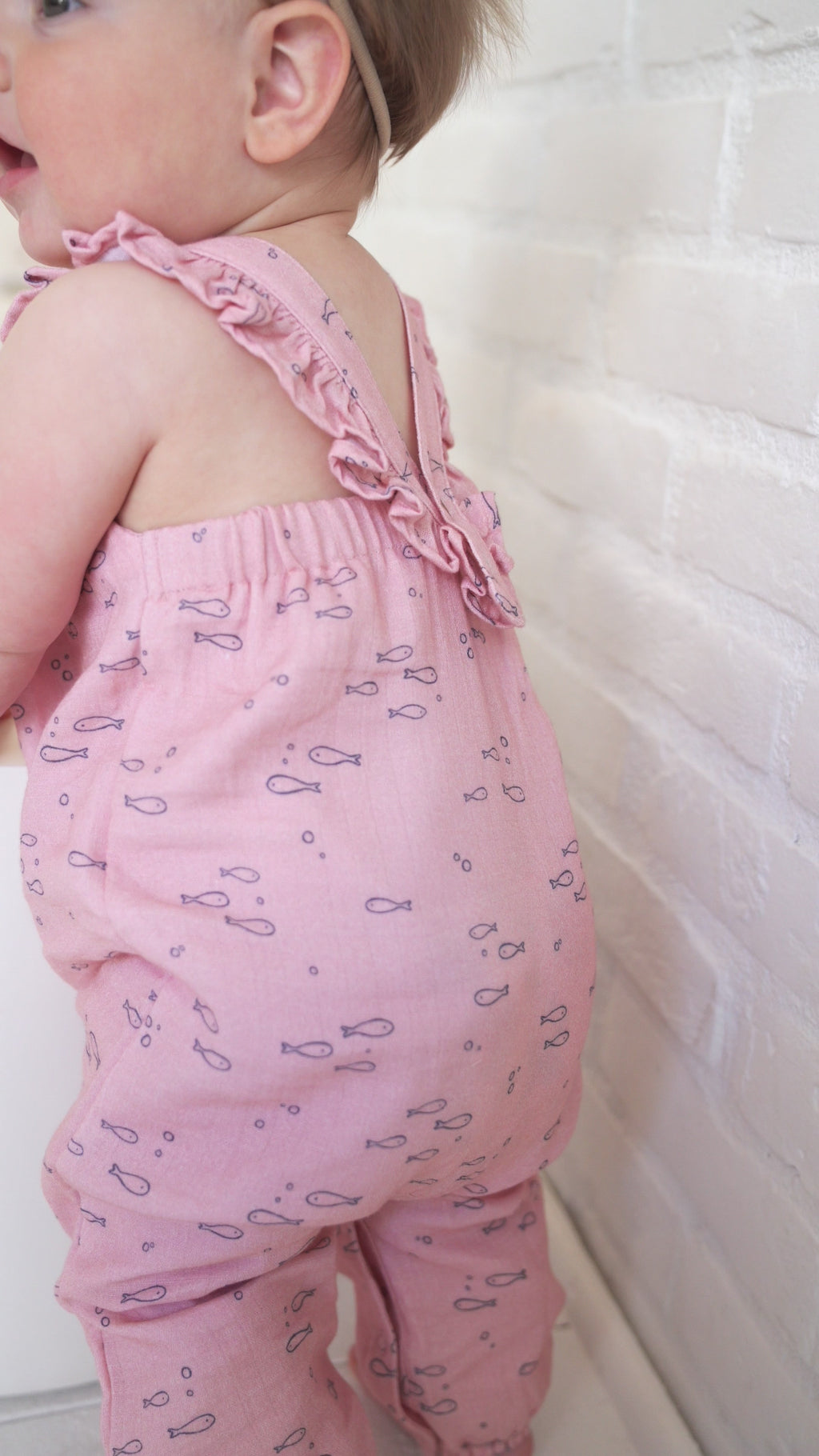 Fishes Sleeveless Baby Ruffle Baby Jumpsuit (Organic Muslin)