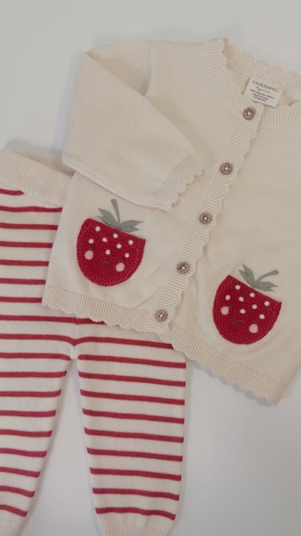 Strawberry Embroidered Pocket Baby Cardigan & Pants Set (Organic Cotton)