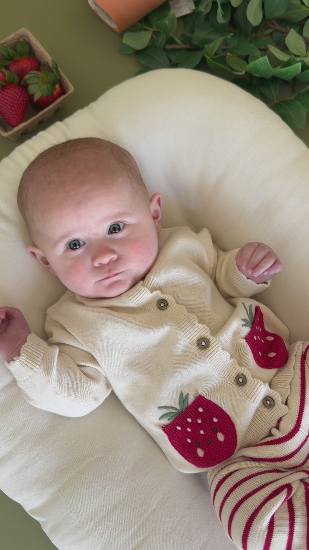 Strawberry Embroidered Pocket Baby Cardigan & Pants Set (Organic Cotton) - Model