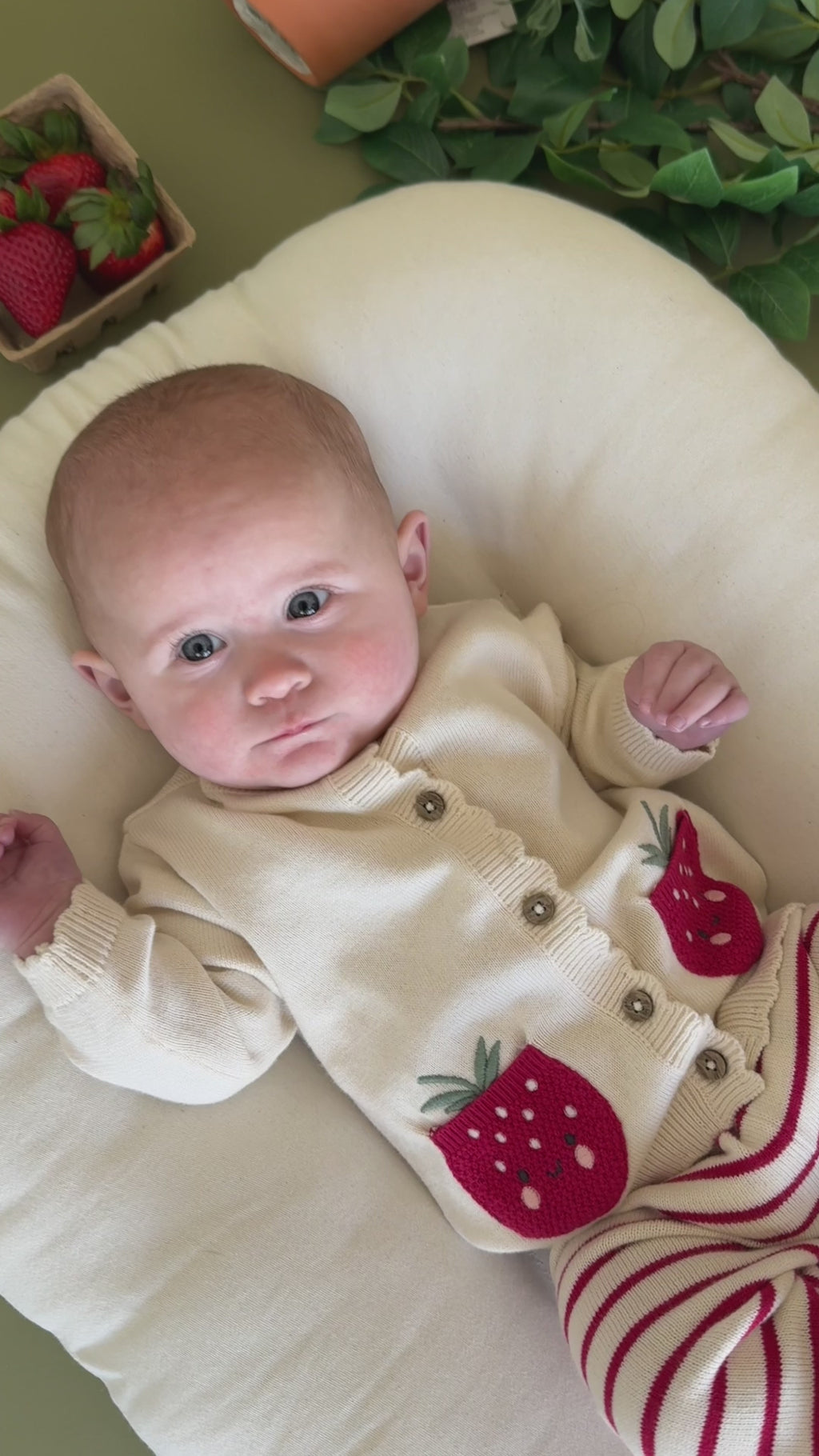 Strawberry Embroidered Pocket Baby Cardigan & Pants Set (Organic Cotton) - Model