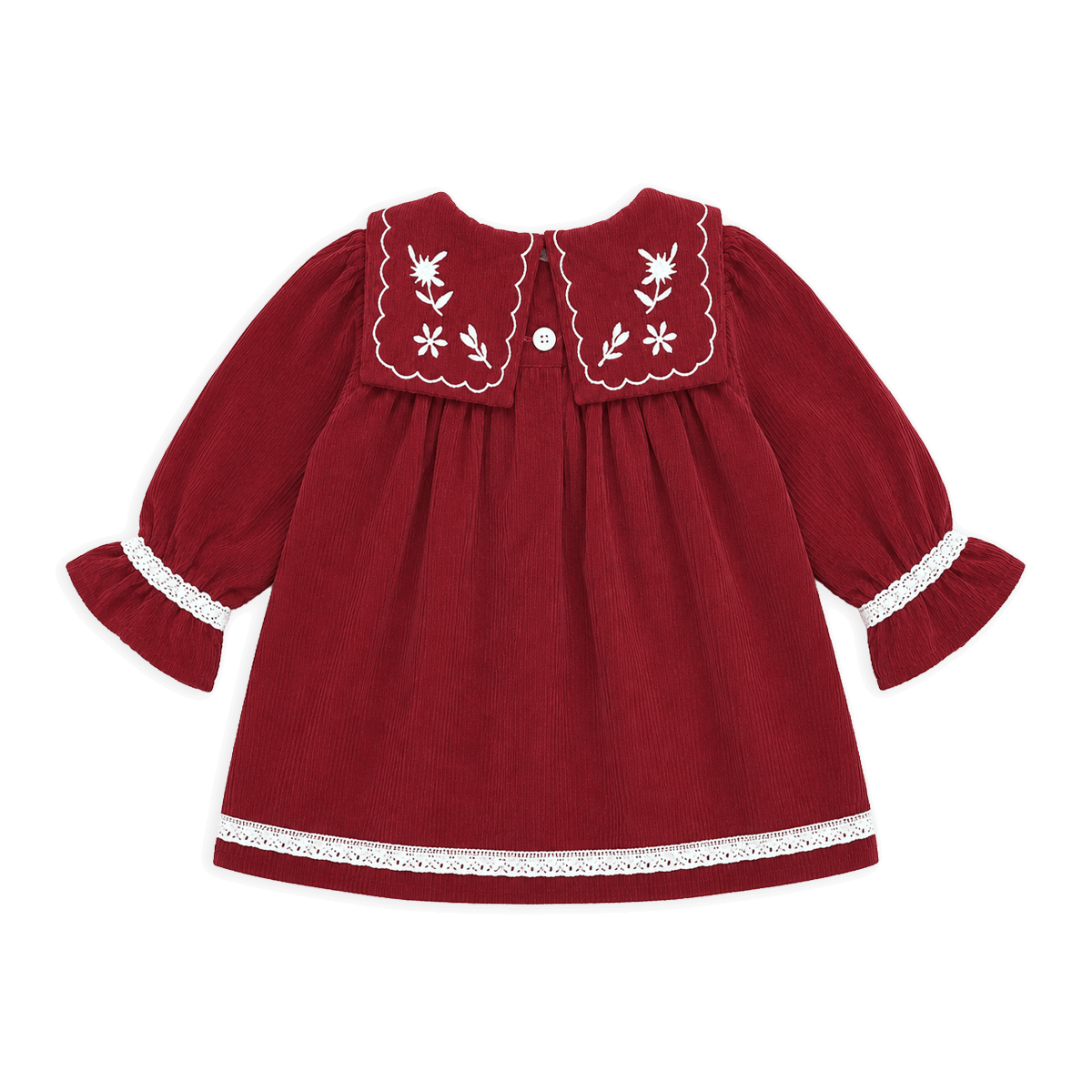 Organic Sailor Collar Embroidered Corduroy Baby Dress, Back