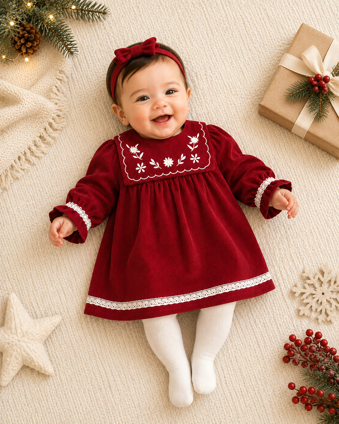 Baby wearing Sailor Collar Embroidered Corduroy Baby Dress, Organic