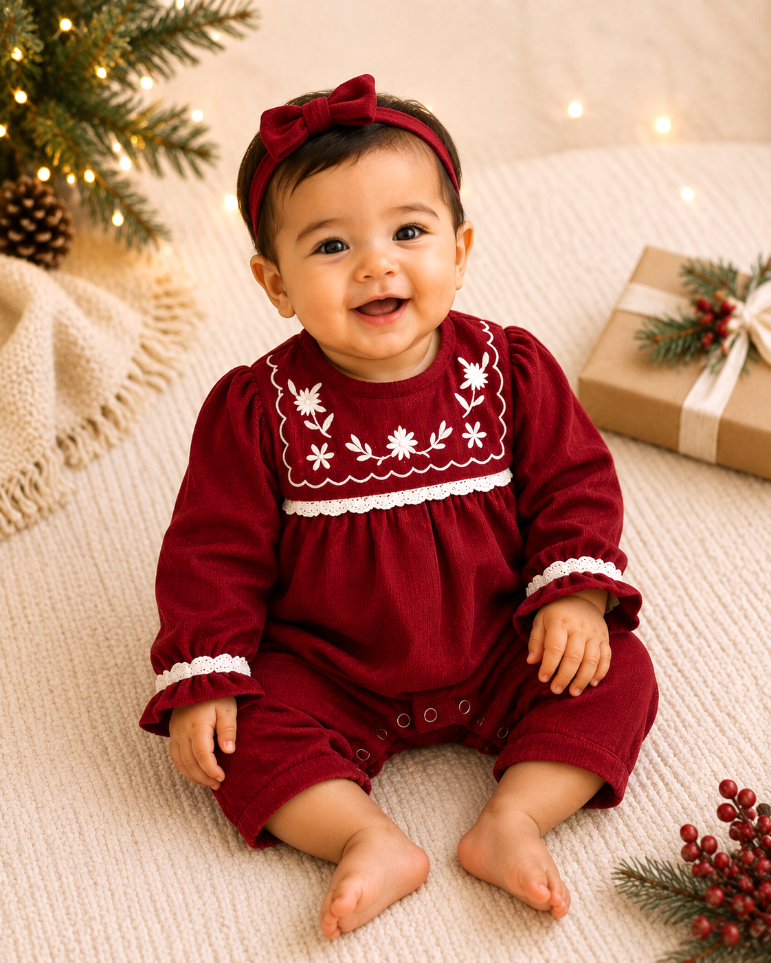 Baby wearing Organic Embroidered Corduroy Baby Jumpsuit