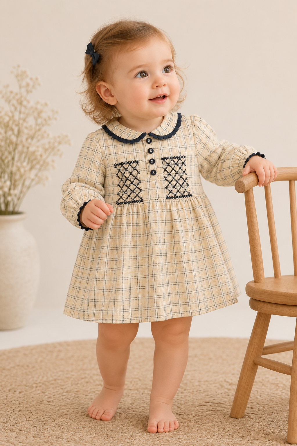 Baby girl wearing Hand Smocked Gingham Baby Dress, Organic Cotton
