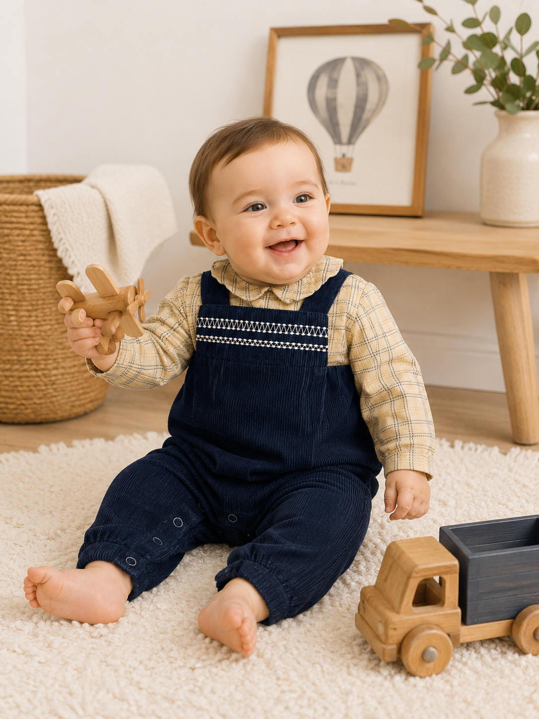 Baby wearing Organic Embroidered Corduroy Baby Coverall Jumpsuit