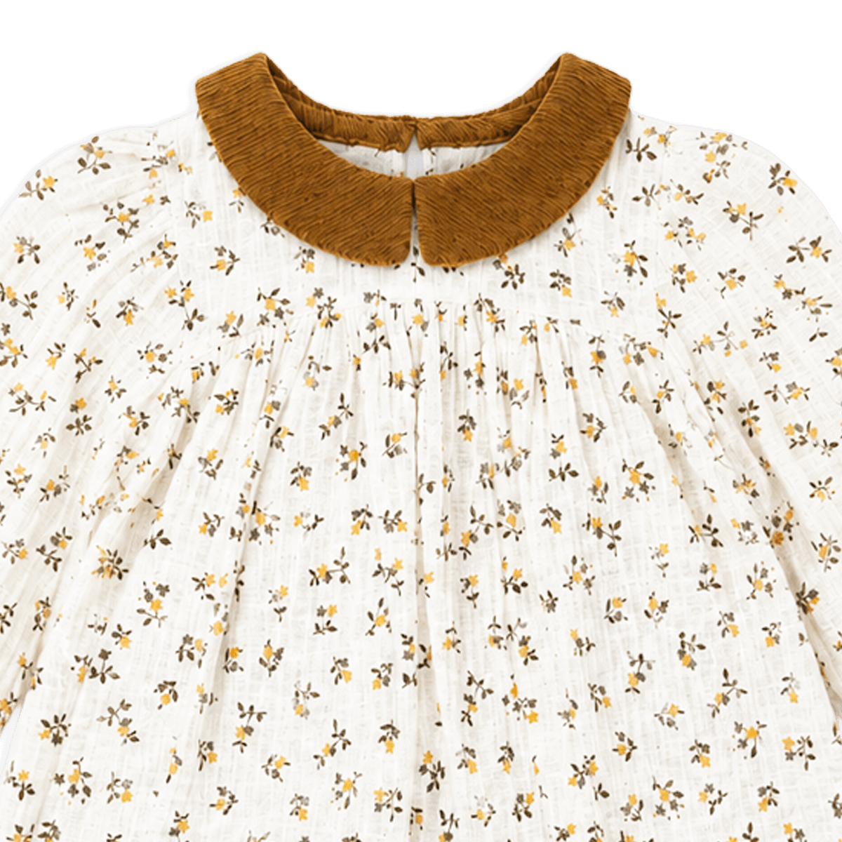 Organic Floral Muslin Baby Dress and Corduroy Bloomer Set, Collar Detail