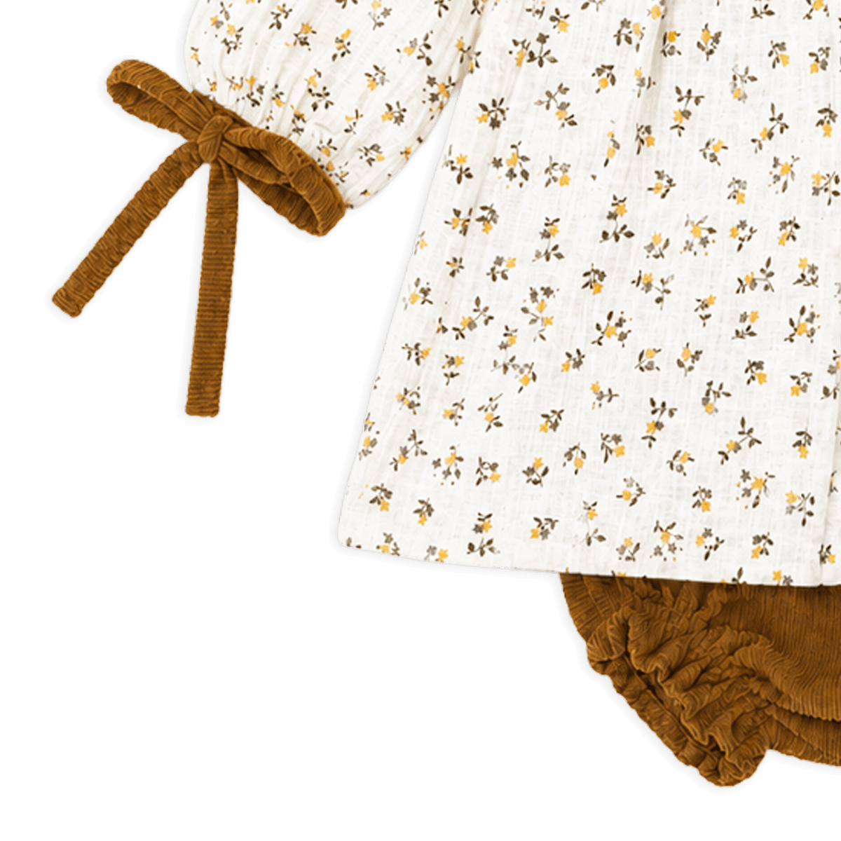 Organic Floral Muslin Baby Dress and Corduroy Bloomer Set, Cuff Detail