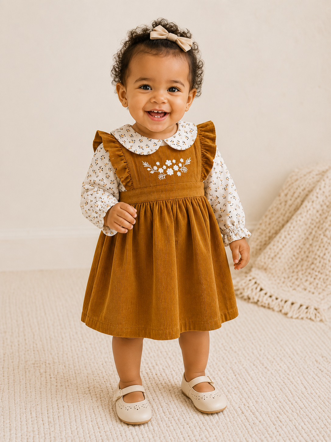 Alice Corduroy Pinafore Dress + Floral Shirt SET (Organic) Mustard / 6-12M