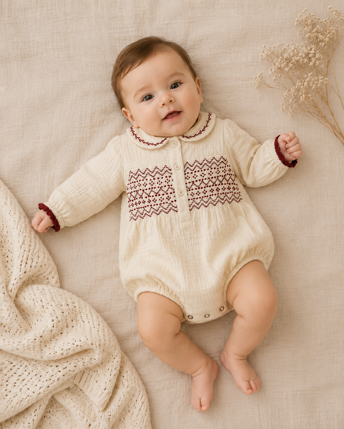 Baby Wearing Organic Hand Smocked Crinkle Muslin Baby Romper