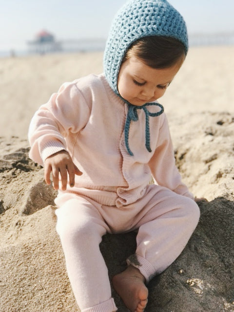 Blush Viverano Organic Cotton Knit Button Cardigan Sweater for Babies, Model Playing