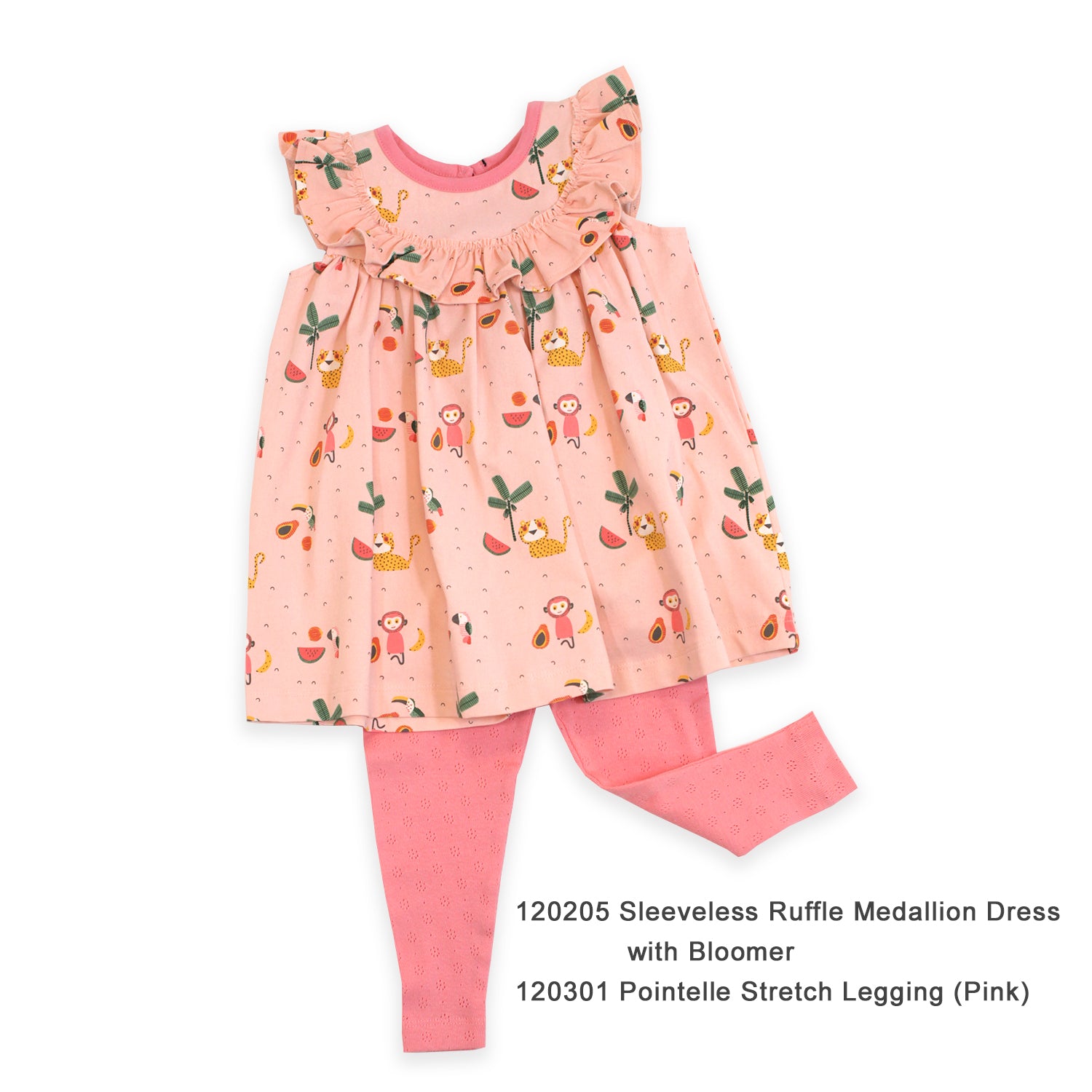 Conjunto de vestido sin mangas con volantes y medallón de algodón orgánico - Selva tropical