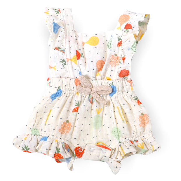 Veggie Salad Ruffled Tie Back Short Romper (Organic Muslin) - Viverano